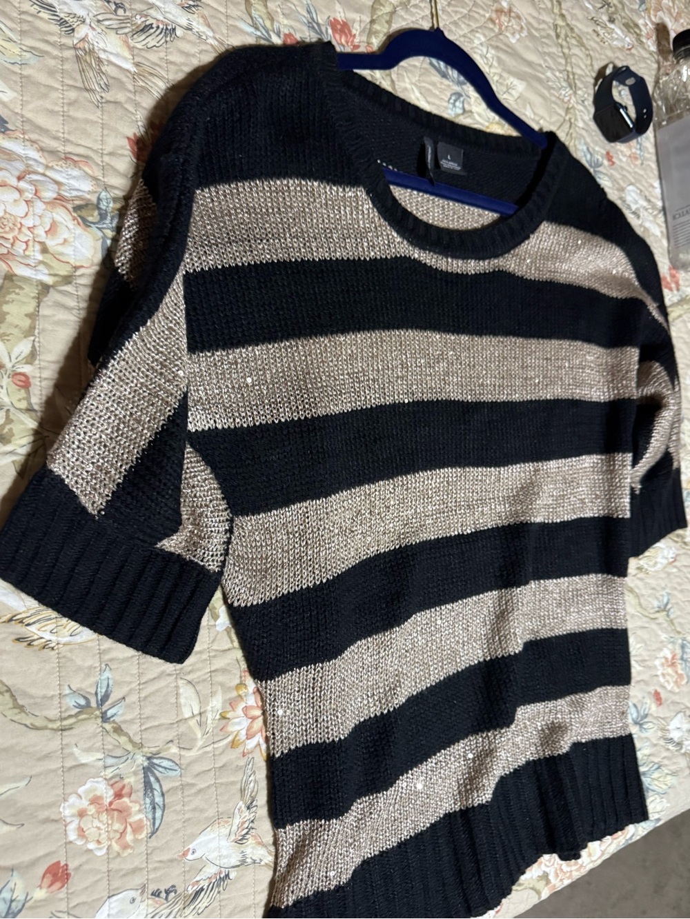 new directions Black and Metallic Beige Striped Crewneck Sweater